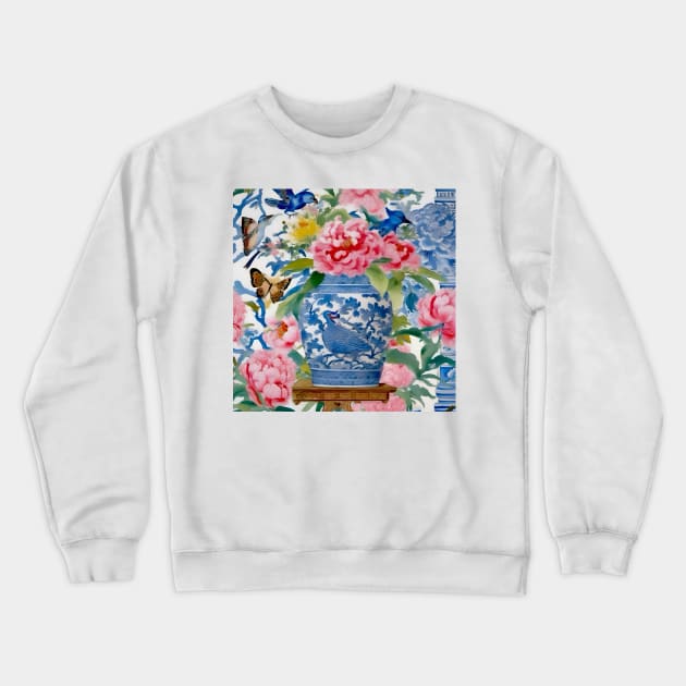 Chinoiserie vase, peonies, birds and butterflies watercolor painting Crewneck Sweatshirt by SophieClimaArt